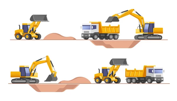 Set Building Machines Construction Equipment Machinery Excavator Truck Loader Vector — Stock Vector