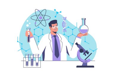 Man scientist during lab scientific researches. National science day. Vector illustration.