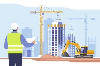 İnşaat alanı. Evler ve inşaat makineleriyle çalışma süreci. İnşaat projesinde mühendis. Taşınabilir ve web grafikleri için vektör illüstrasyonu.