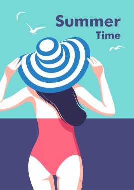 Yaz tatili. Kırmızı mayo ve şapkalı çekici genç bir kadın sahilde yürüyor. Deniz, gökyüzü, martılar, kızım. Posterler, kapak resimleri, afişler, afişler için minimalist biçimdeki vektör illüstrasyonuName.