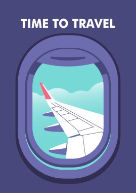 Uçağın lombozundan bak. Seyahat, yolculuk konsepti. Sezon tatili, hafta sonu teması için mükemmel bir geçmiş. Asgari biçimdeki vektör illüstrasyonu.