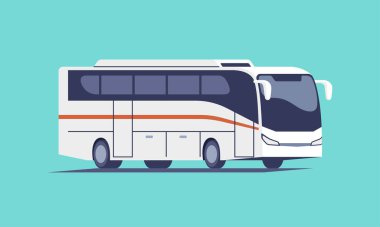 Modern beyaz yolcu otobüsü, şehir turist otobüsü, ulaşım aracı, modern ve rahat vagon. Otobüsle yolculuk. Taşınabilir ve web grafikleri için vektör illüstrasyonu.