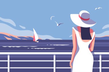 Deniz kenarındaki rıhtımda elbisesi ve şapkası olan genç bir kadın, yelkenli. Yaz seyahati, tatil ya da hafta sonu teması için mükemmel bir geçmiş. Vektör illüstrasyonu.