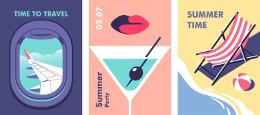 Yaz zamanı. Yaz partisi ve seyahat kavramı. Sezon tatili, hafta sonu, sahil teması için mükemmel bir geçmiş. Posterler, kapak resimleri, afişler, afişler için minimalist biçimdeki vektör illüstrasyonuName.