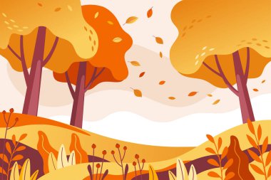 Sonbahar manzarası, sonbahar parkı ya da orman. Sonbahar ortası manzarası, portakal yaprakları ve yapraklar dökülüyor. Taşınabilir ve web grafikleri için vektör illüstrasyonu.