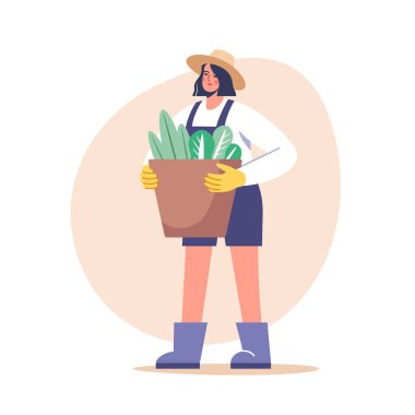 Çiftçilik ve tarım. İş kıyafetleri içinde sepetle yeni toplanmış yeşilliklerle çiftçi kadın. Taşınabilir ve web grafikleri için vektör illüstrasyonu.