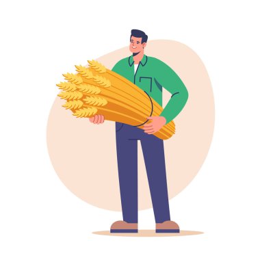Çiftçilik ve tarım. Taze biçilmiş buğday tutan çiftçi erkek karakter. Taşınabilir ve web grafikleri için vektör illüstrasyonu.