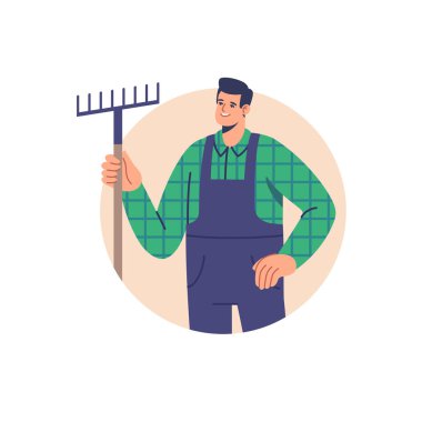 Çiftçilik, tarım, hasat. Üniformalı erkek çiftçi tırmığı elinde tutuyor. Tarım tarım işçisi. Taşınabilir ve web grafikleri için vektör illüstrasyonu.