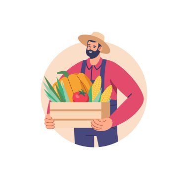 Çiftçilik, tarım, hasat. Üniformalı bir erkek çiftçinin elinde bir sepet olgun sebze var. İş ve hasat. Taşınabilir ve web grafikleri için vektör illüstrasyonu.