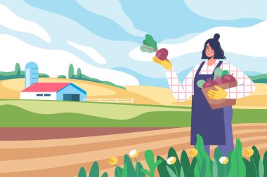 Tarım, hasat. Çiftçi kadın, arka planda taze pancar kökü sebzeleriyle dolu bir sepet tutuyor. İş ve hasat. Taşınabilir ve web grafikleri için vektör illüstrasyonu.