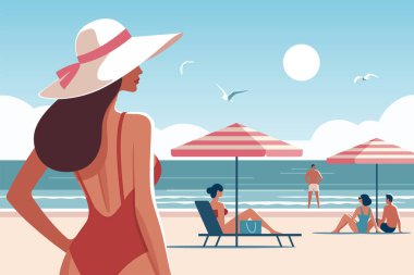 Tatil zamanı. Plajda mayo ve şapkalı bir kadın. Sahilin arka planında güneşlenen insanlar. Minimalist tarzda vektör illüstrasyonu.