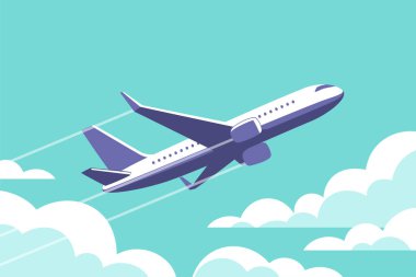 Uçak bulutlar arasında irtifa kazanıyor. Seyahat ve tatil zamanı. Minimalist bir şekilde vektör illüstrasyonuName.