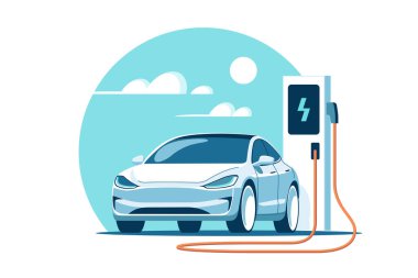 Şarj istasyonunda elektrikli araba. Minimalist tarzda vektör illüstrasyonu.