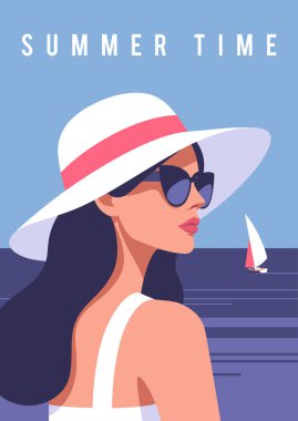 Yaz zamanı. Yaz partisi, tatil ve seyahat kavramı. Plajda şapkalı ve güneş gözlüklü bir kadın. Asgari biçimdeki vektör illüstrasyonu.
