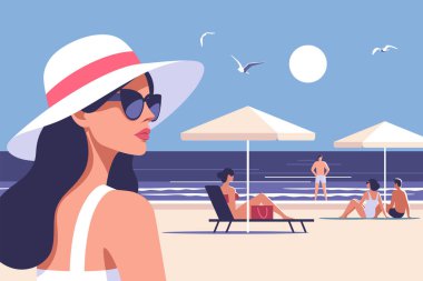 Yaz zamanı. Yaz partisi, tatil ve seyahat kavramı. Plajda şapka ve güneş gözlüklü bir kadın ve sahilde güneşlenen insanlar. Asgari biçimdeki vektör illüstrasyonu.