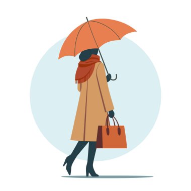 Şemsiyenin altında bir kadın. Sonbahar ya da bahar mevsimi. Asgari biçimdeki vektör illüstrasyonu.