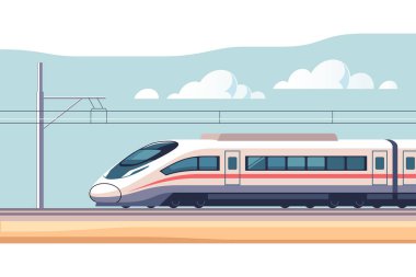 Demiryolundaki modern yüksek hızlı aerodinamik yolcu treni. Asgari biçimdeki vektör illüstrasyonu.