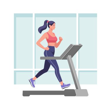 Fitness. Bir kadın koşu bandında egzersiz yapıyor. Asgari biçimdeki vektör illüstrasyonu.