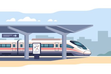 Gündüz saatlerinde hareketli bir şehirde, berrak bir gökyüzü altında modern bir istasyona yüksek hızlı tren geliyor..