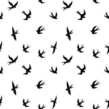 Siyah kırlangıçların kusursuz deseni. Beyaz arka planda siyah bir siluet. Uçan kuşların siyah hatları. Uçan kırlangıçlar. Beyaz arkaplanda izole edilmiş vektör illüstrasyonu.