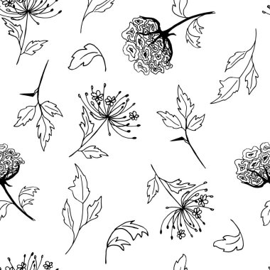 Seamless pattern of decorative wild flowers and leaves black and white. Vector illustration on white background.