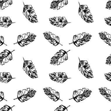 Graphic banana leaves seamless pattern. Tropical leaves hand-drawn in black ink. Botanical abstract illustration