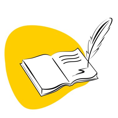 Kitap, kalem ve bir şişe mürekkep ikonu. Kuş tüyü kalem, turuncu sarı noktadaki siyah çizgi ve gri arkaplan