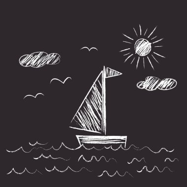 Deniz, yelkenli, güneş, bulutlar, martılar bir çocuğun elinde kalemle çizilmiş karalamalar. Deniz Burnu illüstrasyonu 