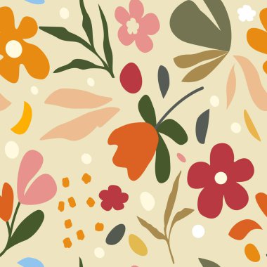 Soyut botanik figürlerin Matisse stilindeki kusursuz desenleri. Bitkiler, çiçekler, yapraklar, kağıt kolajı.