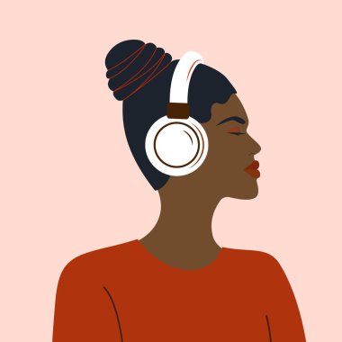 Kulaklıklı Afrikalı kadın müzik dinliyor, vektör çizimi