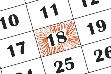 Takvim tarihi 18 kırmızı kalemle işaretlenmiş. Aylık takvim. Takviminize yazılan tarihi kaydedin