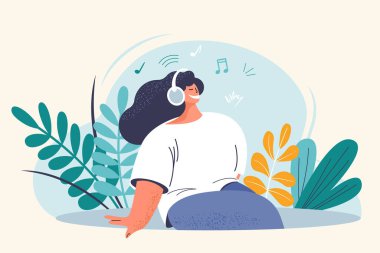 Kulaklıkla müzik dinleyen kadının vektör çizimi