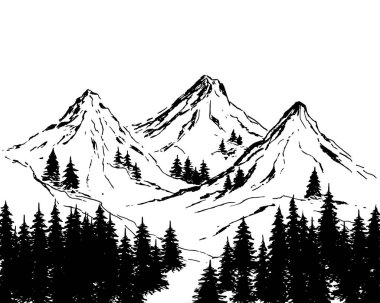Dağ ormanı manzarası. El çizimi eskiz. vektör illüstrasyonu