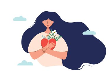 Çiçekleri yüreğiyle tutan kadın ve yapraklar