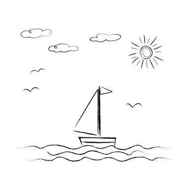 Deniz, yelkenli, güneş, bulutlar, martılar bir çocuğun elinde kalemle çizilmiş karalamalar. Deniz Burnu illüstrasyonu 