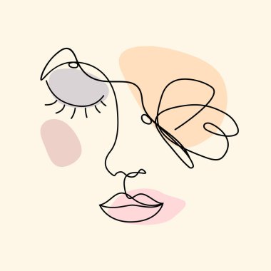 Kadın yüz çizgisi sanatı. Siyah mürekkeple çizilmiş kadın yüzü. Pastel arka planda bir çizimle kadın portresi. Minimum kadınsı yüz, kelebekler, renkli pürüzsüz şekiller. Moda ve güzellik konsepti.