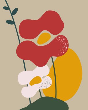 Matisse tarzında soyut botanik figürleri olan modern bir poster. Bitkiler, çiçekler, yapraklar, kağıt kolajı. Çizim, kart, dekorasyon, baskı ve kapak için vektör modern tasarım ögesi.