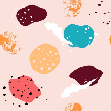 Modern arka plan. Çeşitli şekiller, noktalar, çiçek elementleri çizilir. Kartpostala, kartpostala, davetiyeye ve broşüre basılabilir. Moda illüstrasyonu. 