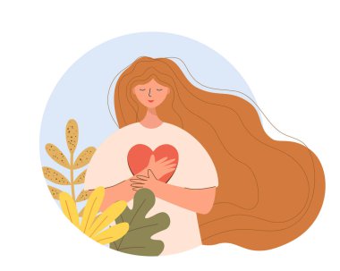 Ellerinde kalbi olan genç bir kadın, vektör çizimi