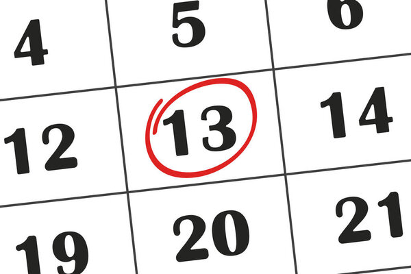 Calendar date 13 is highlighted in red pencil. Monthly calendar. Save the date written on your calendar