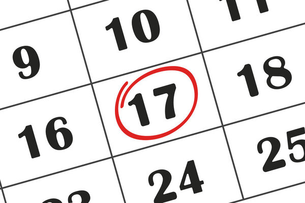 Calendar date 17 is highlighted in red pencil. Monthly calendar. Save the date written on your calendar