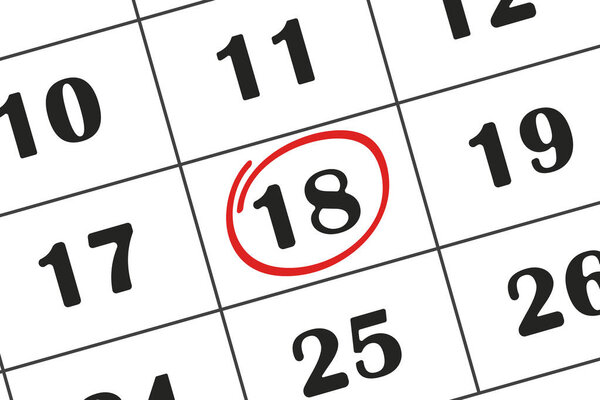 Calendar date 18 is highlighted in red pencil. Monthly calendar. Save the date written on your calendar