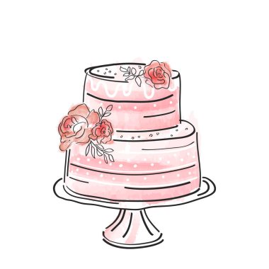Üzerinde güller olan çok katlı pasta, modern el çizimi, karalama tarzı ve beyaz arka planda izole edilmiş suluboya. Doğum günü kartı, düğün kartı, fırın için logo etiketi.