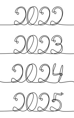 2025, 2024 2023 2022 yılı. Yeni yıl. Mutlu noeller. - Mutlu yıllar. Kaplan Yılı. Beyaz arkaplanda izole edilmiş çizgi çizim biçimi çizimi çizerek