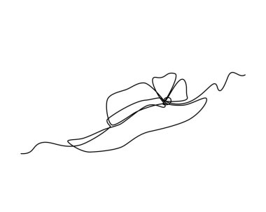 Aralıksız sanat tarzında kenarı olan kadın şapkası. Büyük bir fiyonklu yaz şapkası. Siyah doğrusal minimalist tasarım çiziliyor. Vektör illüstrasyonu beyaz arkaplanda izole edildi.