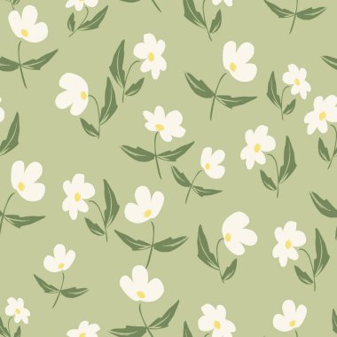 Beyaz papatyaların kusursuz deseni. Pastel zeytin yeşili arka planda çiçekler. Bahar-Yaz, şenlikli hassas romantik kadın baskısı..