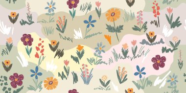 Tarla, çayır, bahçe, çeşitli parlak çiçekler, çimenler. Kusursuz desen. Çocuk çizim tarzı. Renkli kalemlerle çizim yapmak. Çocuğun ilkel çizimi.