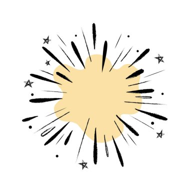 Havai fişekler ve mesajlaşma yeri olan bir patlama. Tatil günü. Beyaz arka planda siyah kalemle çiz. Tatil konsepti, kart, rozet, etiket