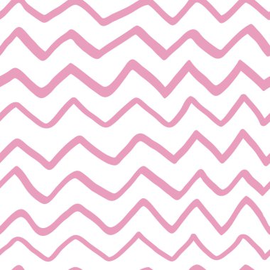 Çocuklar için kusursuz arka plan sevimli geometrik arkaplan. İlkel, dikkatsiz bir eskiz. Beyaz arkaplanda pembe zigzag dokusu. Pastel parmak izi. Vektör illüstrasyonu.