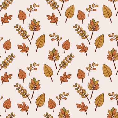 Sonbahar pürüzsüz desen. Sonbahar yaprakları düz boho tarzında. Sarı, turuncu, kahverengi yapraklar. Dekoratif mevsimsel baskı için boyanmış soyut kompozisyon. Doğal toprak renkleri.